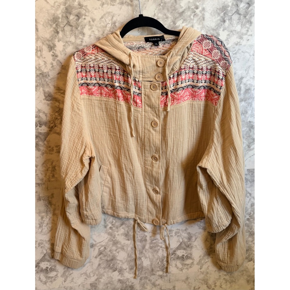 Torrid 3 Gauze Embroidered Hooded Button Zip Front Cropped Jacket 3x 22 24 NWT
